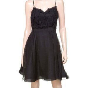 Leon Max Black Ruffled Skater Dress 100% Silk Sleeveless Sweetheart  Size 8